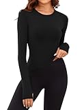 Rapbin Thermal Shirts for Women Long Sleeve Fitted Underwear Crewneck Fleece Lined Top Base Layer Undershirt for Winter Cold Weather with Thumb Holes Black