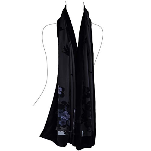 Silk Base Burn-out Velvet Shawl, 71" Lx21 W, Plum Crane Black Grey2