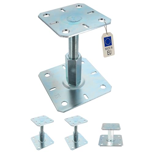 4 embases pieds de poteau réglables par vis - Platine supérieur 100x100 mm - M20 - Acier galvanisé à chaud - Fabrication Europe