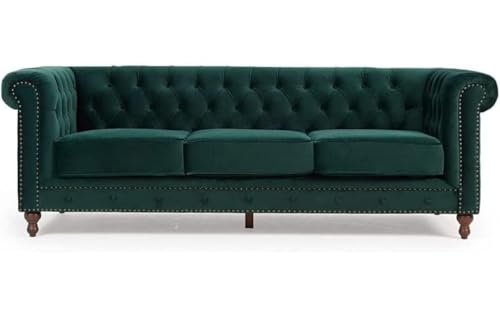 Image of Modern and Stylish 3 Seater Chesterfield Luxury Sofa with Valvet and Fabric Comfortable Sofa for Living Room, Dining Room, Hallway, and Office-(Green).