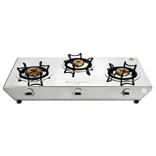 Image of Faber Hilux 3 Burner SS Gas Stove | 1 Jumbo + 1 Medium + 1 Small | Anti-Skid Legs | Drip Tray | 360 Nozzle | Nylon Knobs | Heat Resistant Pan Support | Durable SS Body | HILUX MAX 3BB SS
