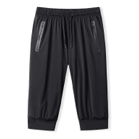 LEOCLOTHO Mens Jogger Shorts Breathable Lightweight Sports Training Gym Cropped Trousers with Zip Pockets Black-Ice Silk M Cover