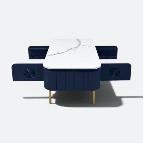 Image of Solid Wood Mandala Center Table with Sintered Stone Top for Living Room |Premium Acrylic Midnight Blue Finish | 115 cm (W) x 60 cm (D) x 45 cm (H)