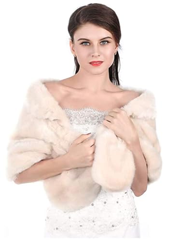 Aukmla Wedding Faux Fur Shawls and Wraps Bridal Fur Stole Bridesmaids Shrug Winter Cover Up for Women and Brides (Ivory, US 4-14 (S-M))