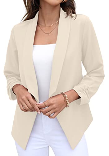 GRECERELLE Blazer Damen Elegant Sommer Leicht Business Geschäft Büro Arbeit Outwear Festlich 3/4 Arm Gerüschte Ärmel Gekürzter Short Bolero Jacke Blazer für Damen (Beige, 48)