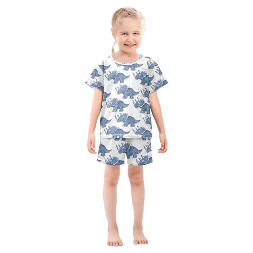 ALAZA Triceratop Dinosaur Blue Pajamas Set Short Sleeve Cotton Sleepwear Summer Pjs 2 Piece 5-14Y3