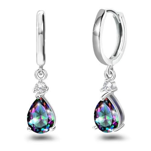 Hoop Earrings with Dangle Charm for Women Sterling Silver Small Mystic Rainbow Topaz Earrings CZ Quartz Teardrop Dangle Multicolor Pear Drop Huggie Earrings Gift for Wife Daughter Mother Birthday