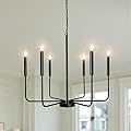 Farmhouse Chandelier Light Fixtures Ceiling Hanging 6 Lights Modern Candle Matte Black Ceiling Light Fixture, 26in Industrial Rustic Chandeliers for Dining Room Kitchen Island Living Room Foyer