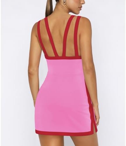 Womens Athletic Backless Hot Pink Tennis Dress wtih Shorts Mini Golf Dress