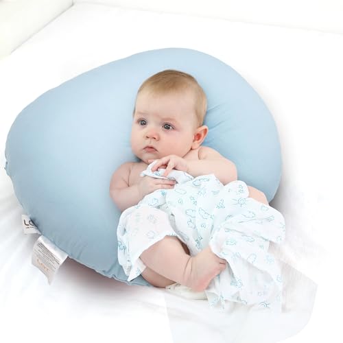 Almohada de lactancia para bebé, almohada multifuncional con funda de almohada en forma de U, 100% algodón, almohada de maternidad lavable para biberón, apoyo infantil (azul)