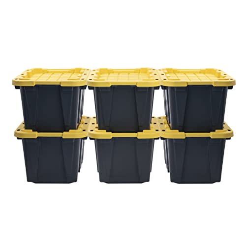 CX BLACK & YELLOW 12-Gallon Heavy Duty Storage Bins with Lids, Stackable Plastic Storage Bins with Weather-Resistant Design, Home Organization, 6 Pack (12.51H x 16.3W x 21.8D)