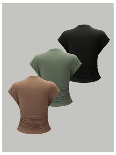 OYOANGLE Women's 3 Pack Mock Neck Cap Sleeve T Shirts Ruched Ribbed Knit Fitted Summer Tee Tops2