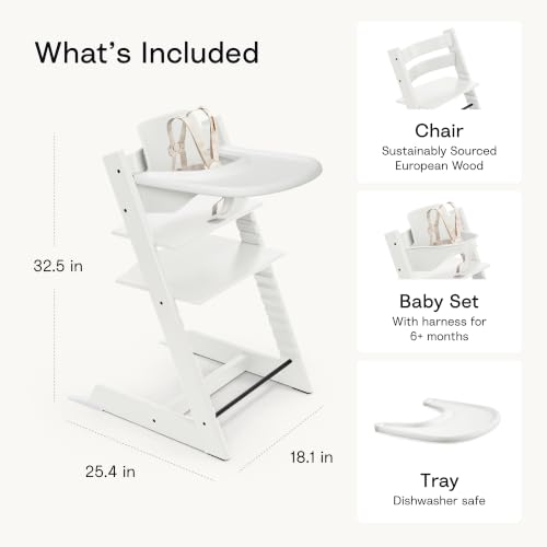 Image of Stokke Tripp Trapp High Chair White with White Tray Signature Edition Includes Chair + Tray + Baby Set with Removable Harness for Children 6-36 Months - Adjustable, Ergonomic & Easy to Clean