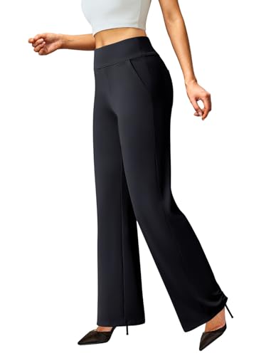 FireSwan Womens Dress Pants Stretchy Wide Leg Work Pants Business Casual Trousers Pull On Office Slacks with 4 Pockets Black