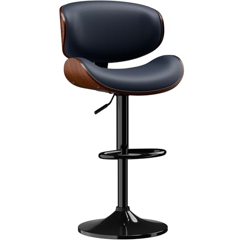 Bar Stools, Adjustable Swivel Leather Bar Stools for Kitchen Island, Mid Century Modern Counter Height Bar Chairs Barstools with Back & Footrest (Blue 1PCS)