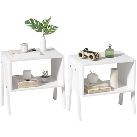 Forevich End Table Set of 2 Side Table Nightstands Stackable Bedside Table Bamboo with Open Storage Shelf for Small Spaces for Bedroom Living Room White Cover