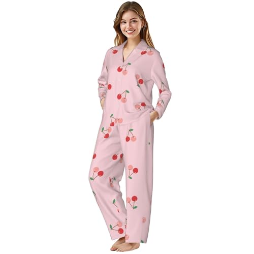 Image of Women'S Long Sleeve Pajama Set Soft Loungewear Button-Down Top & Elastic Waist Pants S- 2XL