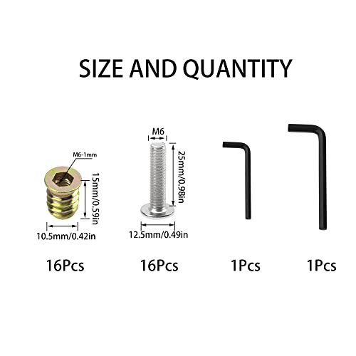 Rrina 16 Sets M6x25 Furniture Screw Nut Threaded Wood Inserts Bolt Fastener Connector Hex Socket Drive M6x15 Screw-in Nuts - Image 2