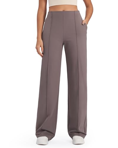 G4Free Women's Yoga Pants with Pockets Wide Leg Business Casual Pants High Waist Work Slacks Straight Leg Dress Pants Lightweight Sweatpants(Taupe,S,29