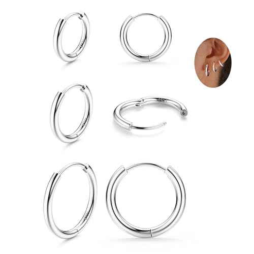 3 Pairs 925 Sterling Silver Hoop Earrings for Women Men Lightweight Small Helix Cartilage Hinged Hoop Earrings 18K White Gold Plated Huggie Hoop Earrings Set 6mm 8mm 10mm 12mm