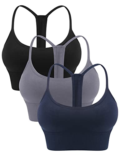 Litherday Soutien-Gorge de Sport Femme Couleur Unie Haut à Dos Nageur Brassière Sport Le Coussinets Amovibles Confortable Respirant pour Course Danse Sport,A Noir + Bleu Marine + Gris,L Cover