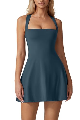 Image of QINSEN Womens Square Neck Tennis Dress Sleeveless Built in Shorts Golf Athletic Dress with Pockets Dark Blue M