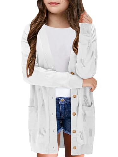 Image of Girls Cardigans Kids Fashion Open Front Long Sleeve Knit Sweaters Outerwear with Pockets 5-14 Years White