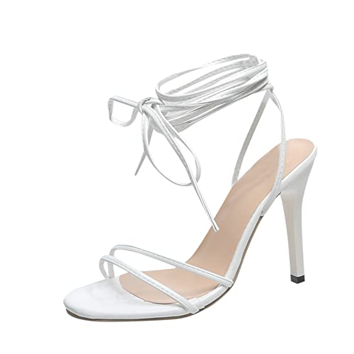 Sandalias de tiras para mujer con tacón peep toe tacones altos con cordones sandalias de cuña huecas elegantes para mujer sandalias de fiesta transpirables sandalias de verano, Blanco, 42 EU