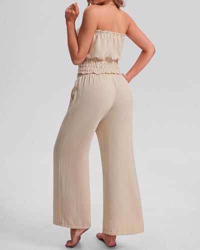 IEEILULU Women 2 Piece Sets Summer Strapless Tube Tops and Wide Leg Pants Set Ruffle Beach Vacation Outfits (Beige, XL) - image 3