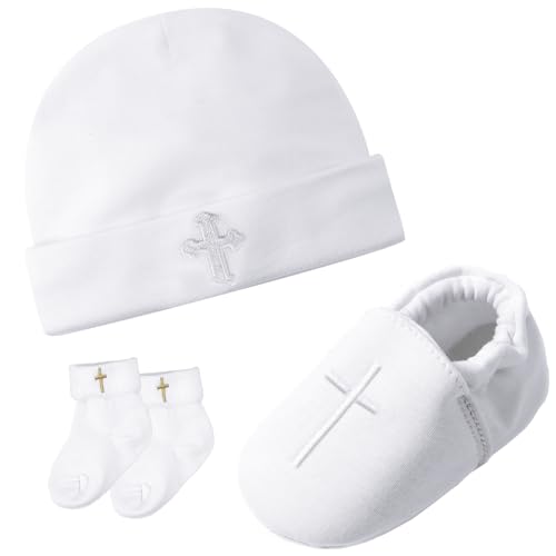 AGJ Baby Boy Baptism Shoes Girls Infant White Christening hat and Socks Set with Embroidered Cross for Dedication Outfit 3-6 Months