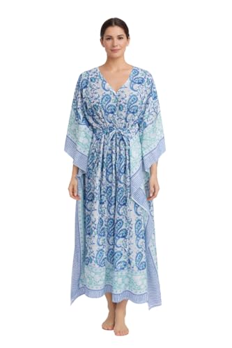Image of Hand Block Printed Pure Cotton Kaftan for Women, Free Size Relaxed Fit Maxi, Lounge, Nightwear, Beach Cover-Up, Handmade Ethnic Boho Kaftan Dress V-Neck