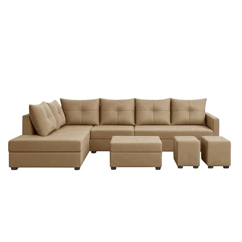 Image of Wood 8 Seater Sofa Set with Ottoman & Stools | Velvet Fabric Upholstery | Modern L Shape Wooden Frame Couch for Living Room, Home & Office (Golden)