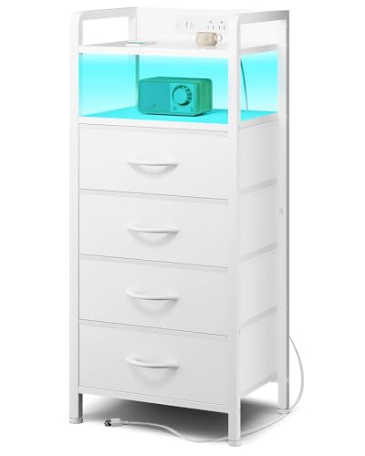 Lazzanto Night Stand Bedside Charger Bedroom - Nightstand with Charging Station 2 U-S-B Ports & 2 AC Outlets Tall Bed Side Table with LED Light Strip Storage Shelf & 4 Fabric Drawers White