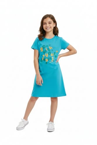 Image of Clotth Theory Girls Cotton Nightdress | Knee Length Nighty | Round Neck Short Sleeve Soft Sleepwear
