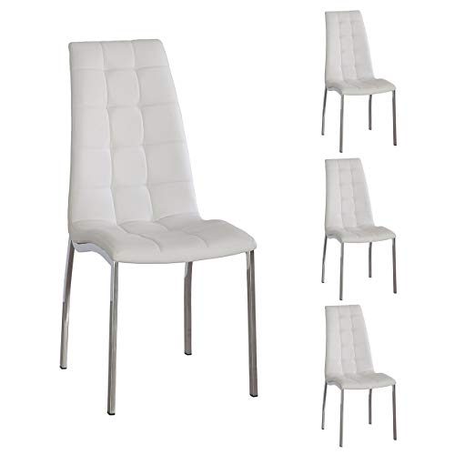 Juego de 4 sillas de Comedor Valma, Tapizada Polipiel y Patas cromadas (Blanco)
