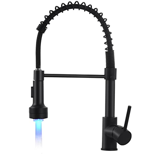 AIMADI Robinet de Cuisine, Mitigeur Évier à Ressort Extensible, 360° Rotatif, 2 Pulvérisations, LED Température Couleur Changeante, Noir