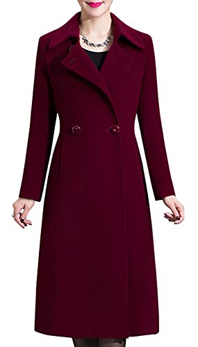 CHARTOU Women's Notched Collar Slim Fit Wool Blend Midi Long Pea Coat Jacket (Large, Wine Red)