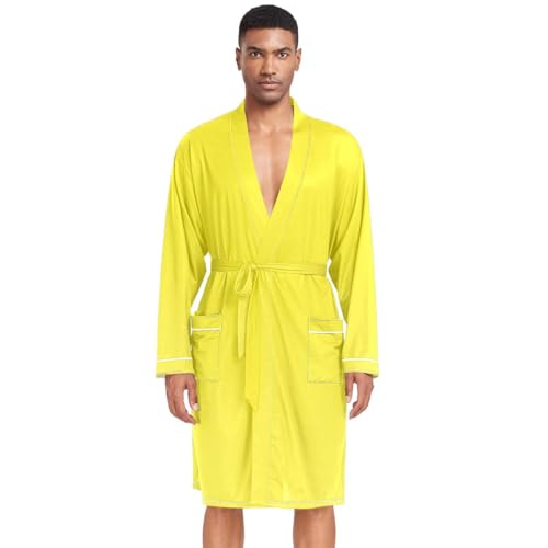 HMZXZ Albornoz para hombre, color liso, con textura amarilla, manga larga, ligera, ropa de dormir, color amarillo, multicolor, M