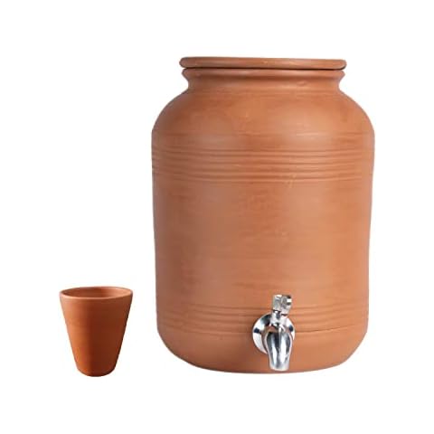 Village Decor Terracotta Water pot With Lid,Glass & 304 Stainless Steel tap |Preseasoned Terracotta Mud(Capacity 6000 ml / 202 oz) Cover