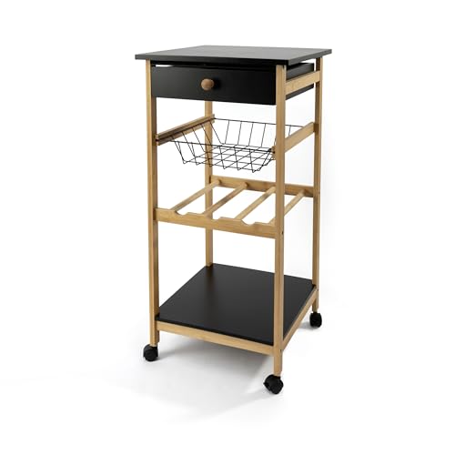 LIN HOME Carrito de Cocina Auxiliar de Madera y Bambu 35x36x74.5cm con Ruedas, 2 Estantes de Madera + 1 Cesta Extraibles + 1 Cajon + 1 Botellero- Color Natural y Negro