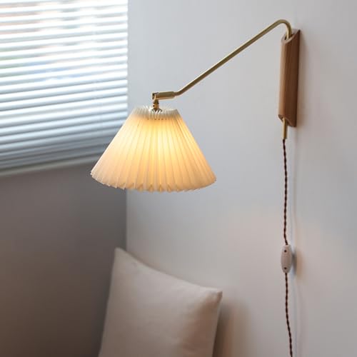 CRRONG Swing Arm Plug in Wall Reading Lights for Bedroom Wood Farmhouse Wall Sconce with Pleated Fabric Shade Adjustable Long Arm Nordic Modern Wall Mounted Lamp for Bedroom Bedside Living Room - Cosy Home Interiors CRRONG Swing Arm Plug in Wall Reading Lights for Bedroom Wood Farmhouse Wall Sconce with Pleated Fabric Shade Adjustable Long Arm Nordic Modern Wall Mounted Lamp for Bedroom Bedside Living Room - Image 2