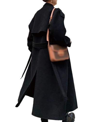 Sexyshine Women's Winter Double Breasted Long Pea Coat Notch Lapel Long Sleeve Wool Blend Trench Coat Overcoat3