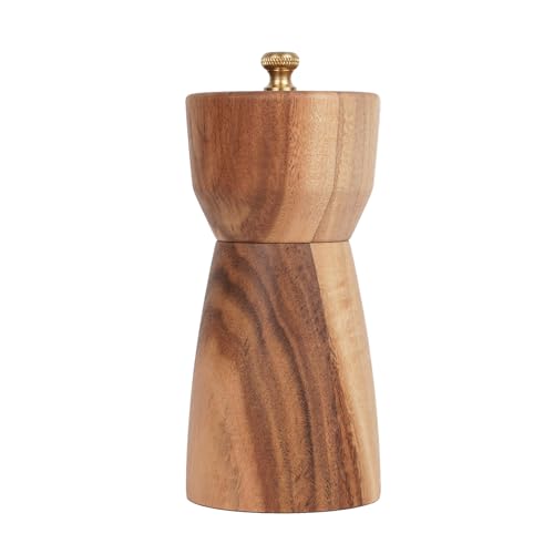 DeroTeno Pepper Grinder, Pepper Mill with Adjustable Stainless Steel, Acacia Wood, 14 cm/5 inch Height, Bottom Dia: 6 cm/2.36 inch (Tray is NOT Included)