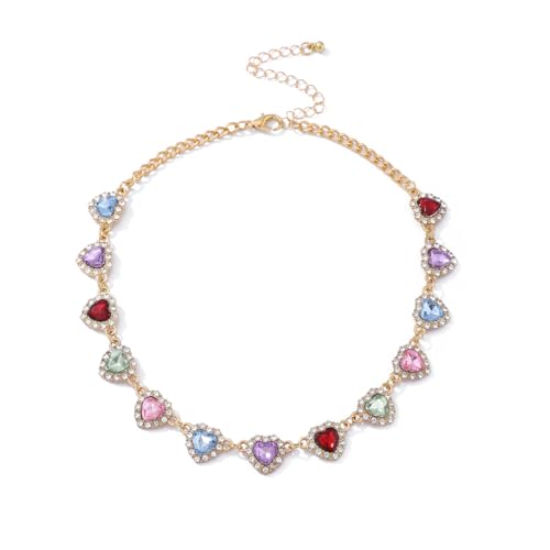 Colorful Hearts Chain Necklace for Women,Dainty Multiple Cubic Zirconia Love Hearts Chain Choker for Woman Jewelry Gifts,Trendy Vintage Boho Necklaces