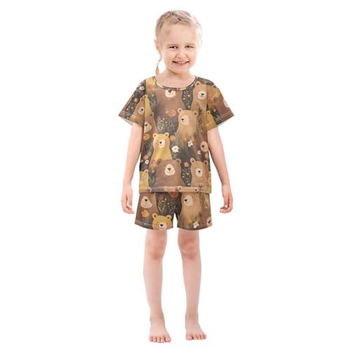 ALAZA Bear Flower Cartoon Stylish Pajamas Set Short Sleeve Cotton Sleepwear Summer Pjs 2 Piece 5-14Y3