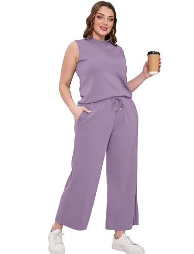 Image of SAMPEEL Two Piece Sets for Women Summer Outfits Lounge Sets Mock Neck Tops Wide Leg Crop Pants Vacation Travel Outfits