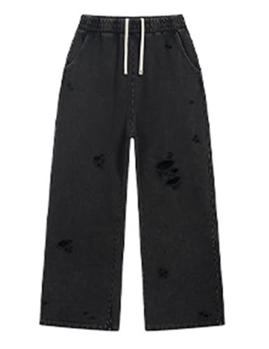 Gihuo Mens Acid Wash Sweatpants Distressed Washed Pants Drawstring Elastic Waist Wide Leg Ripped Pants