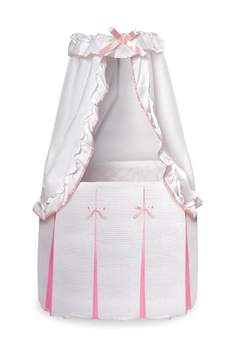 Image of Badger Basket Majesty Canopy Bassinet - Rocking Baby Cradle with Mattress, Bedding Set, Storage Shelf, Caster Wheels, and Draped Canopy - Oval Nursery Sleeper - White/Pink