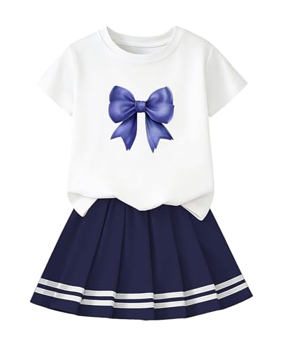 Image of Betusline Girls Skirt Set JK School Uniform 2-Piece Outfit - Short Sleeve & Webbing Solid Skirt,Bow Navy Blue,4-5T = Tag 120
