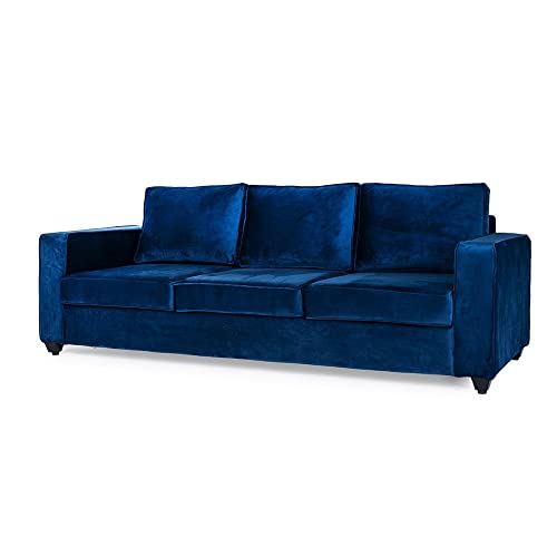 Image of Wakefit 3 Seater Sofa, Blue Velvet Fabric, 212.8 cm L x 85 W x 85.3 H, Neem Wood Frame, 3 Year Warranty